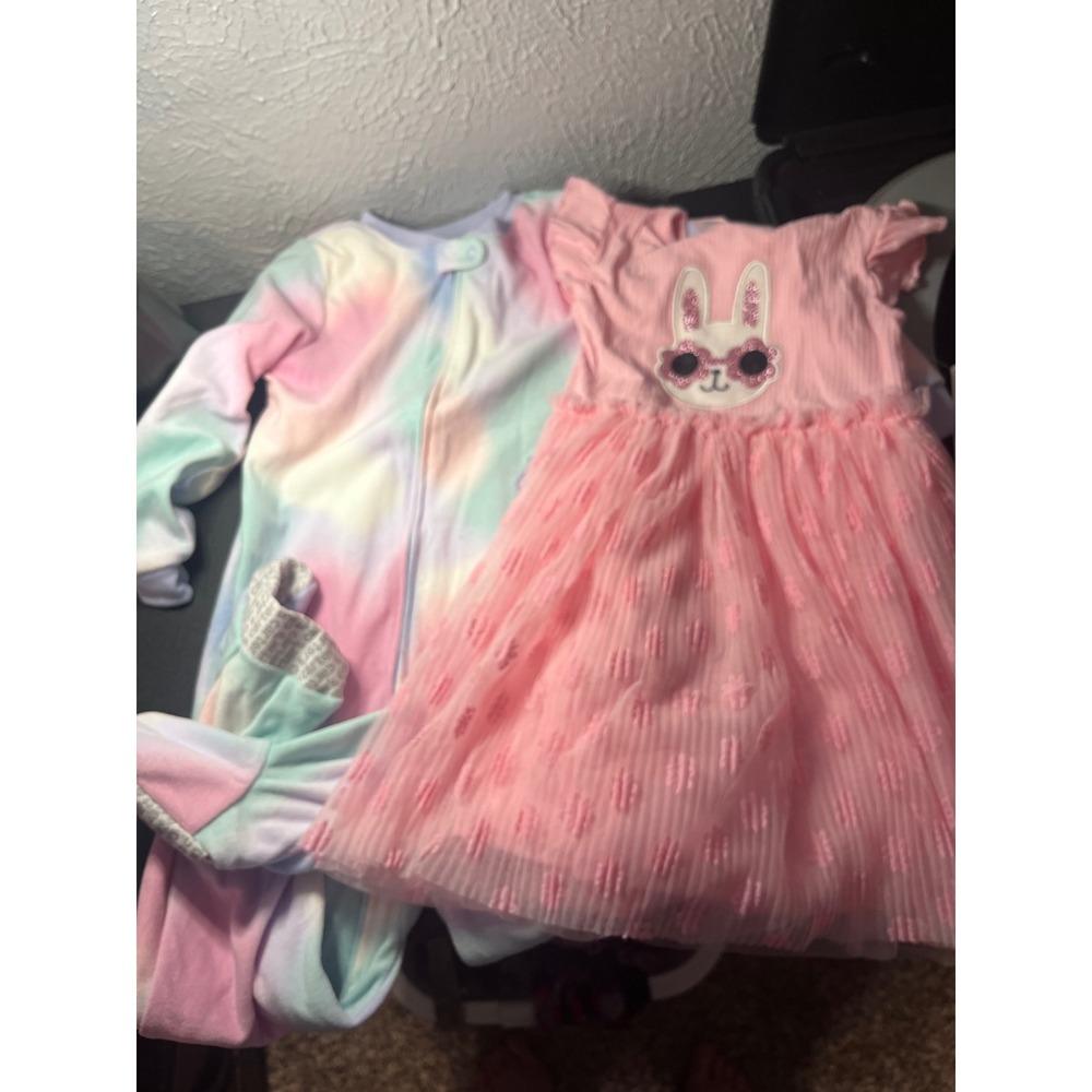 Carters Tie Dye Dinosaur Sleeper and Way to Celebrate Bunny Tutu Dress 4T Bundle